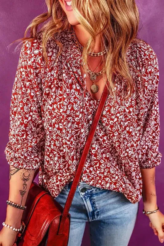 Floral Smocked Tie Neck Blouse - Fashionfitz
