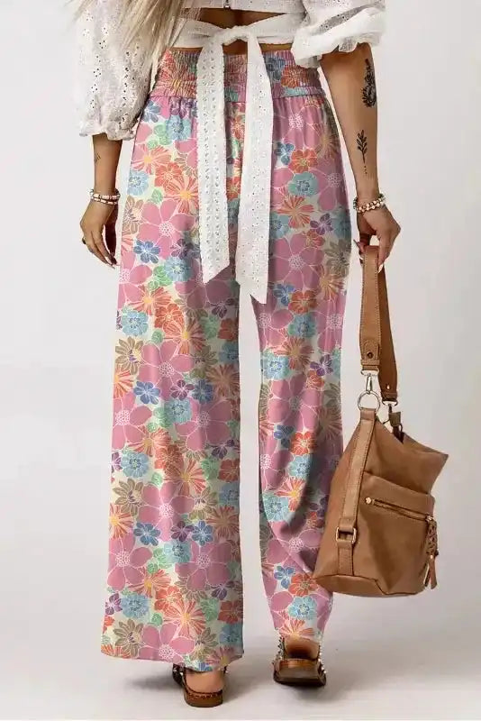 Floral Smocked Waist Loose Pants - Fashionfitz