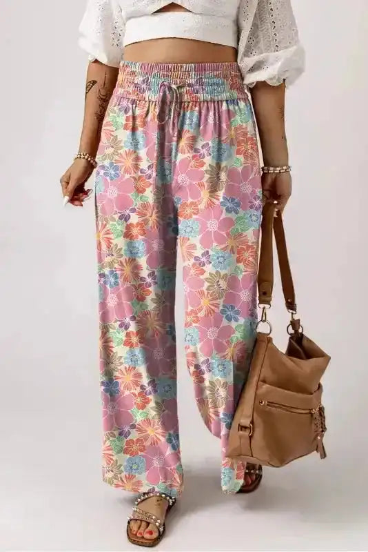 Floral Smocked Waist Loose Pants - Fashionfitz