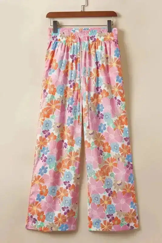 Floral Smocked Waist Loose Pants - Fashionfitz