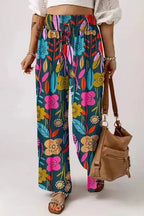 Floral Smocked Waist Loose Pants - Fashionfitz