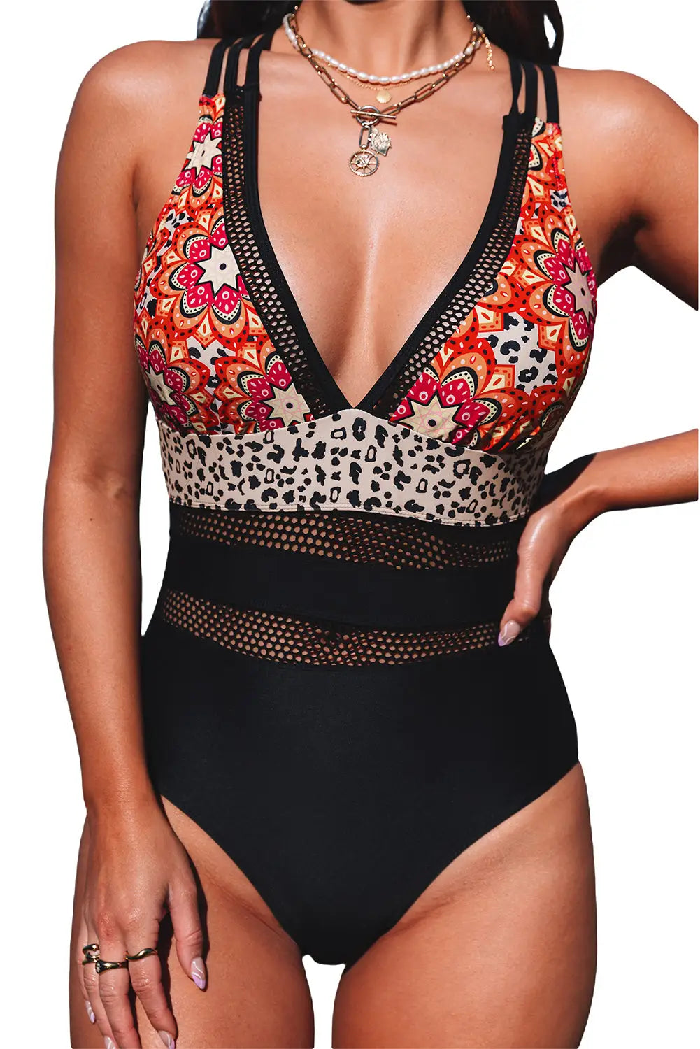 Floral splicing leopard print color block mesh one piece swimsuit - swimsuits