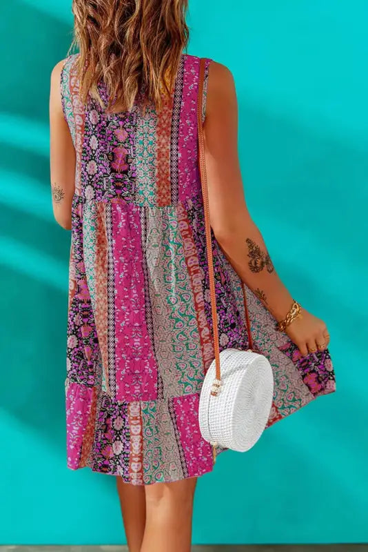 Floral splicing sleeveless mini dress - dresses