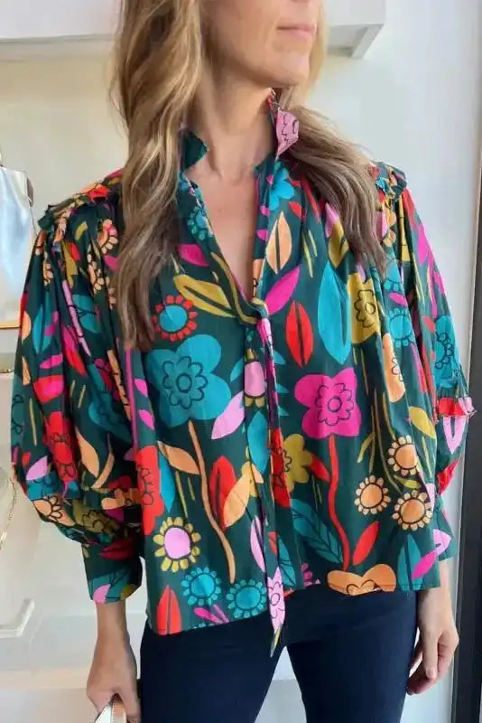Floral Split Neck Puff Sleeve Blouse - Fashionfitz