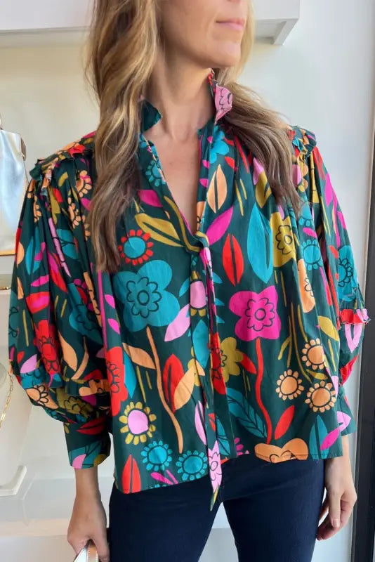 Floral split neck puff sleeve blouse - blouses