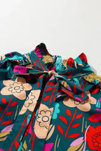 Floral Split Neck Puff Sleeve Blouse - Fashionfitz