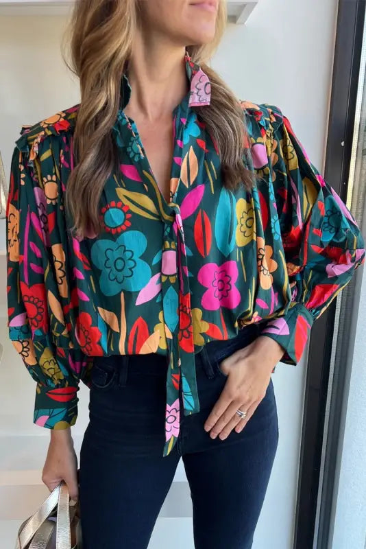 Floral split neck puff sleeve blouse - blouses