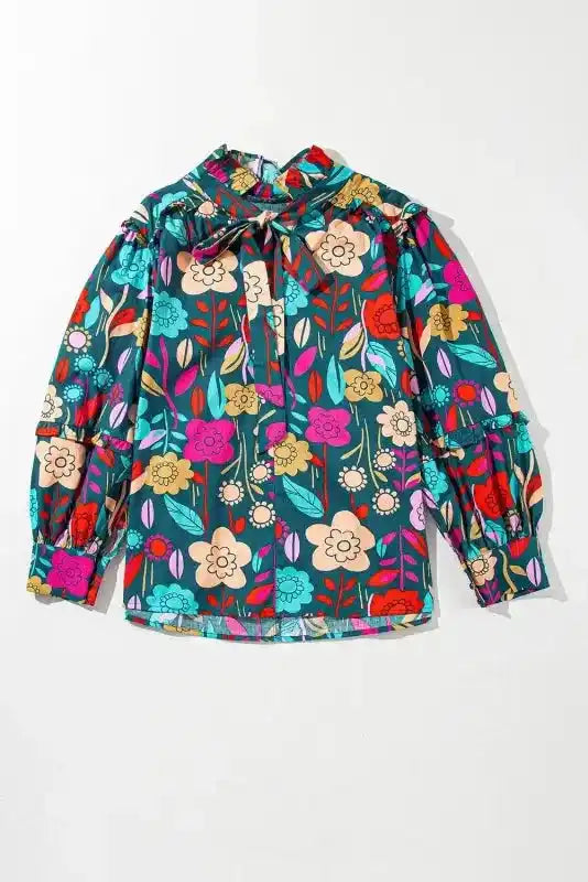 Floral Split Neck Puff Sleeve Blouse - Fashionfitz