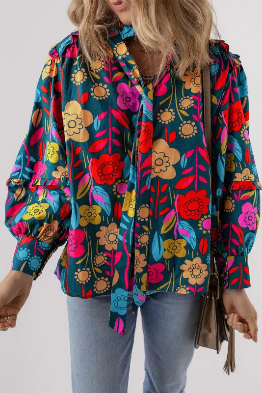 Floral split neck puff sleeve blouse - blouses