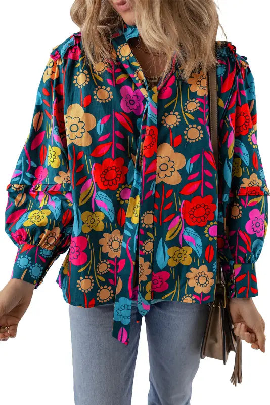 Floral split neck puff sleeve blouse - blouses