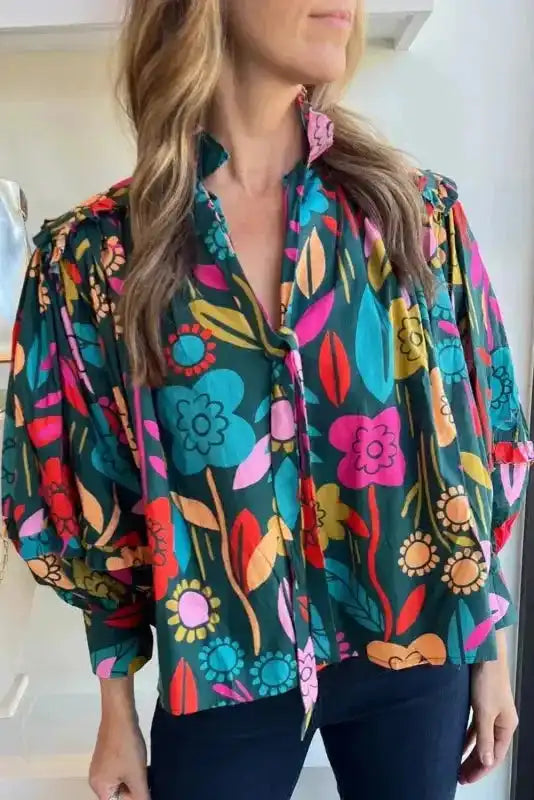 Floral Split Neck Puff Sleeve Blouse - Fashionfitz