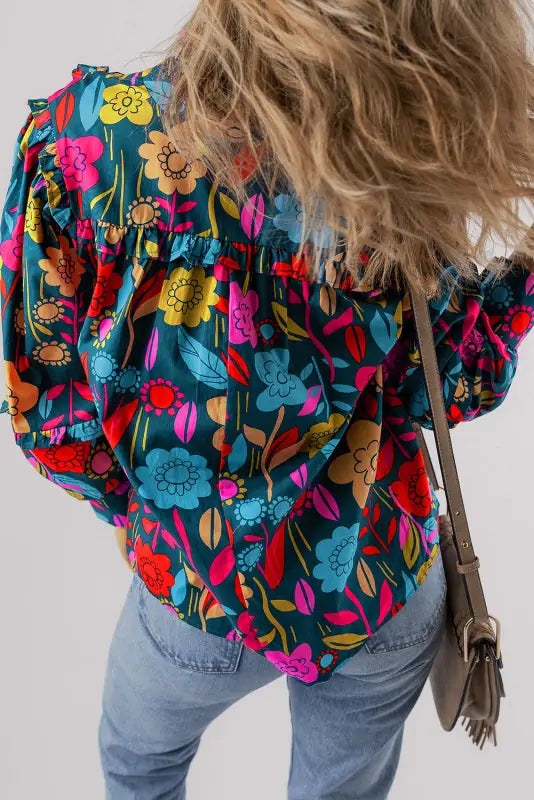 Floral split neck puff sleeve blouse - blouses