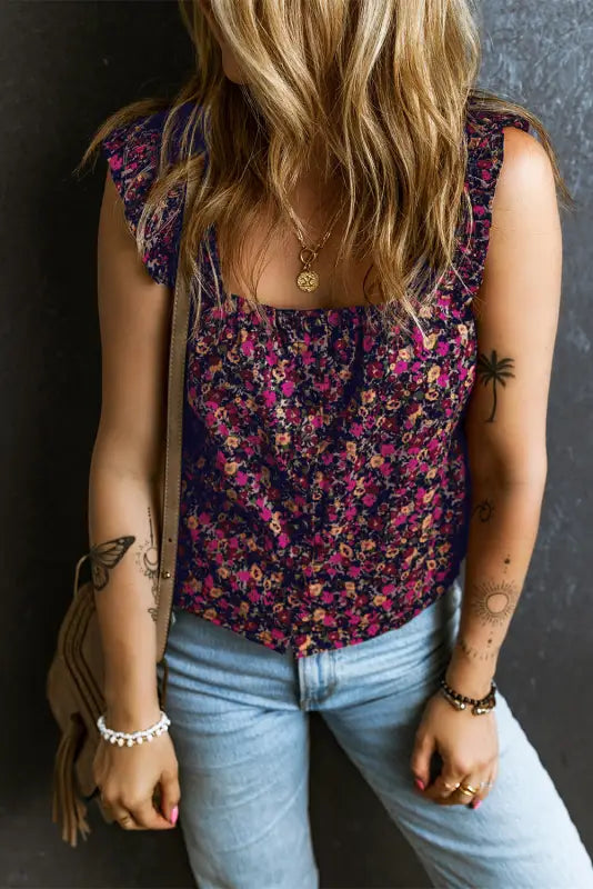 Floral tank top - rose boho frilled straps - tops