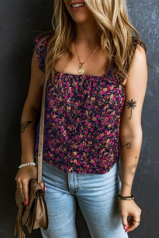 Floral tank top - rose boho frilled straps - tops