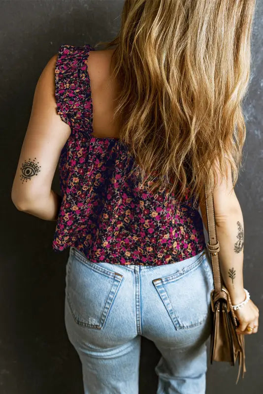 Floral tank top - rose boho frilled straps - tops