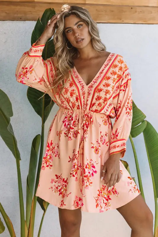 Floral tassel drawstring kimono dress - orange / s / 100% viscose - dresses