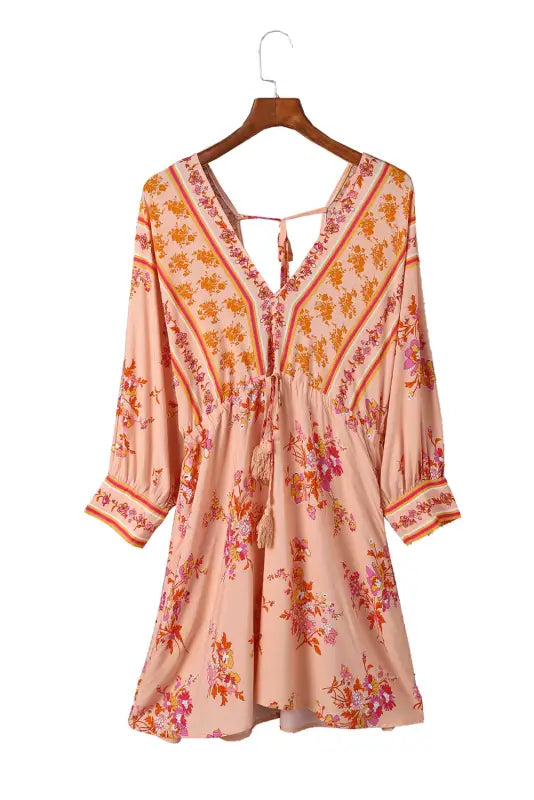 Floral tassel drawstring kimono dress - dresses