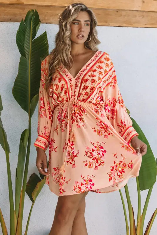 Floral tassel drawstring kimono dress - dresses