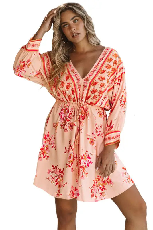 Floral tassel drawstring kimono dress - dresses