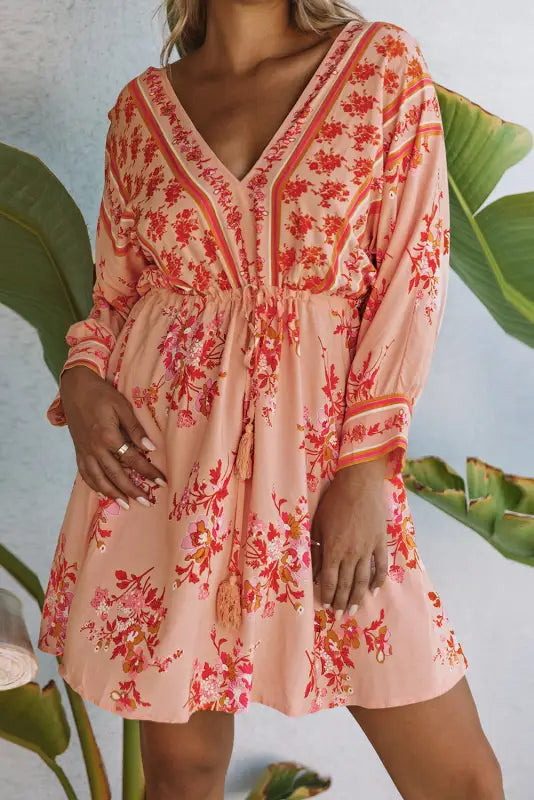 Floral tassel drawstring kimono dress - dresses