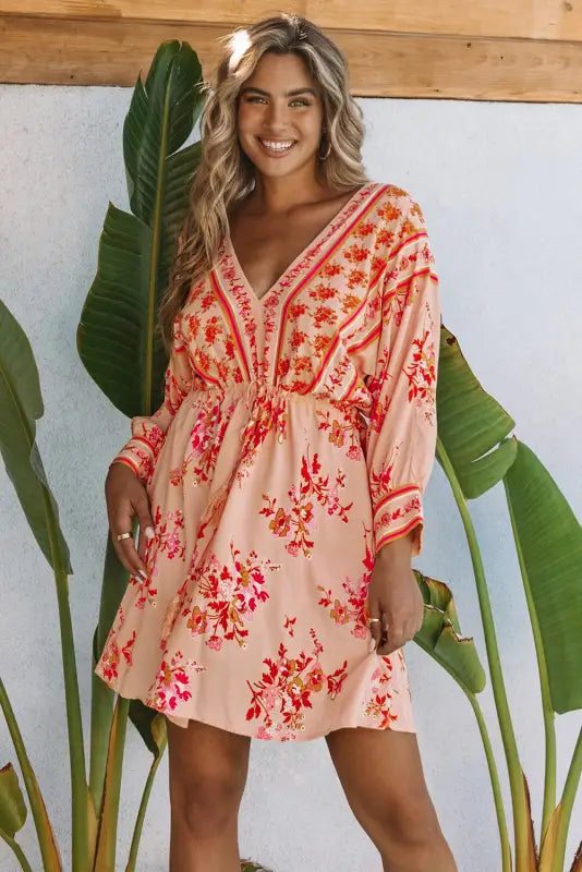 Floral tassel drawstring kimono dress - dresses