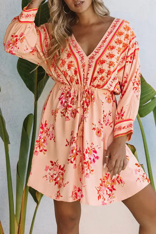 Floral tassel drawstring kimono dress - dresses