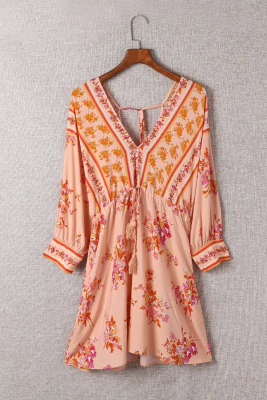 Floral tassel drawstring kimono dress - dresses