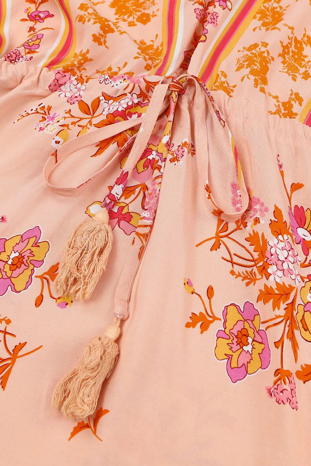 Floral tassel drawstring kimono dress - dresses