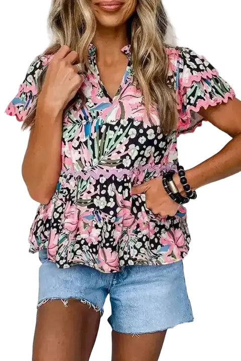 Floral Tiered Short Sleeve Blouse - Fashionfitz