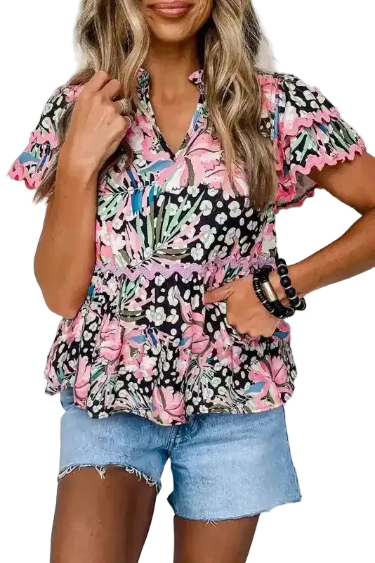 Floral Tiered Ricrac V-Neck Blouse Women UK in vibrant pink floral — front view showing cascading tiered layers — Fashionfitz