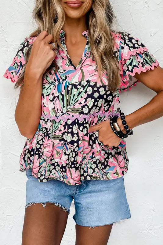 Floral tiered short sleeve blouse - pink / s / 100% polyester - blouses