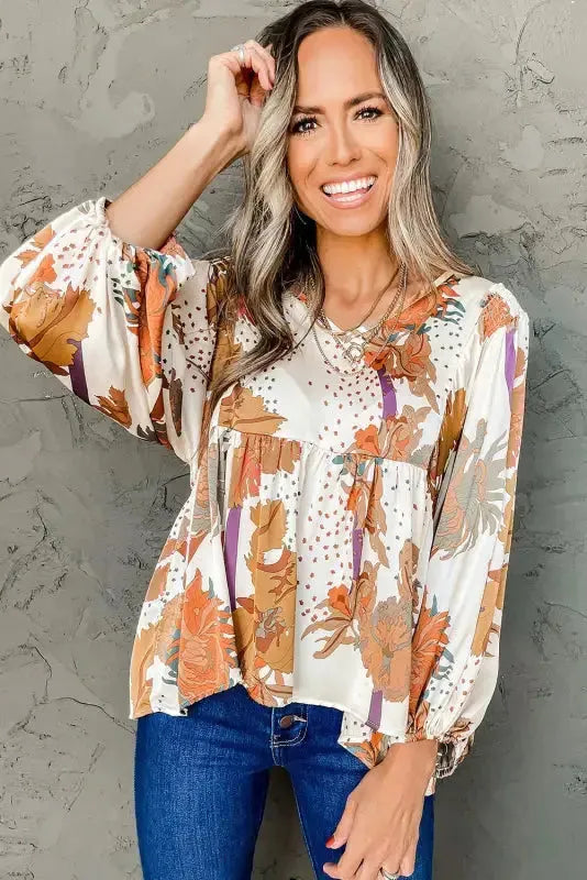 Floral V-Neck Babydoll Blouse - Fashionfitz