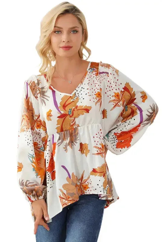 Floral V-Neck Babydoll Blouse - Fashionfitz