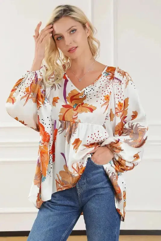 Floral V-Neck Babydoll Blouse - Fashionfitz