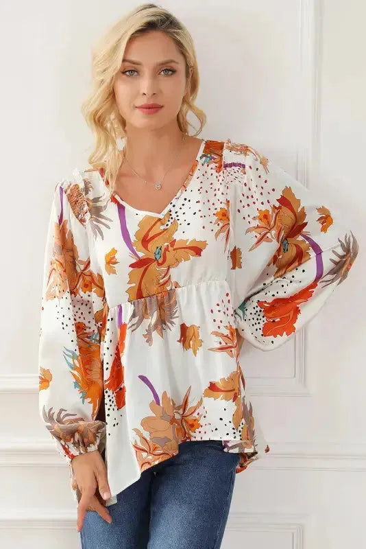 Floral V-Neck Babydoll Blouse - Fashionfitz