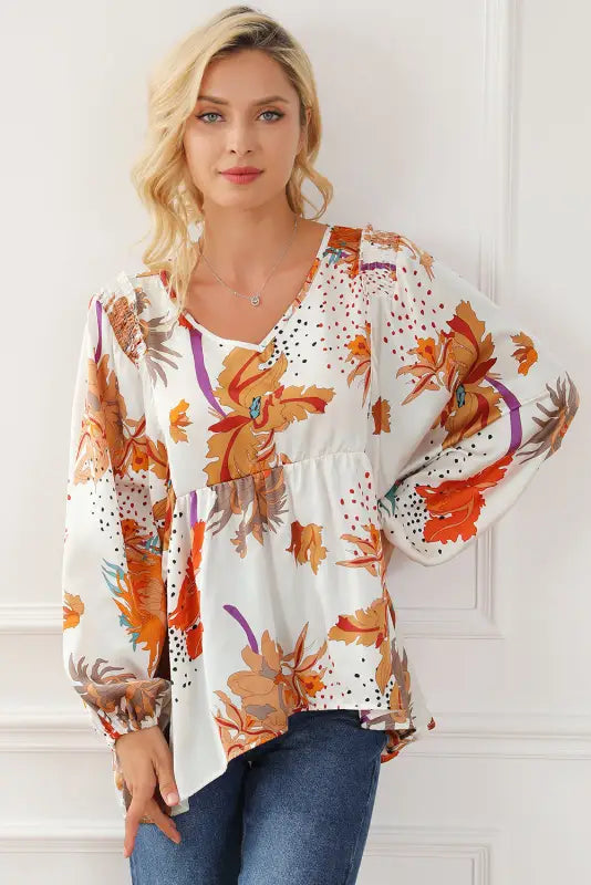 Multicolour floral print v neck babydoll blouse - blouses & shirts