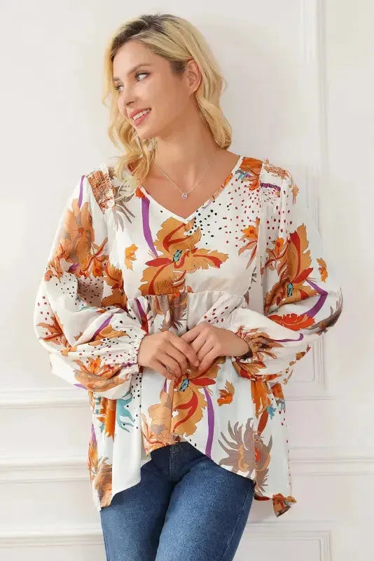 Floral V-Neck Babydoll Blouse - Fashionfitz