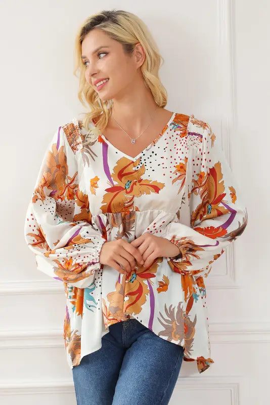 Multicolour floral print v neck babydoll blouse - blouses & shirts