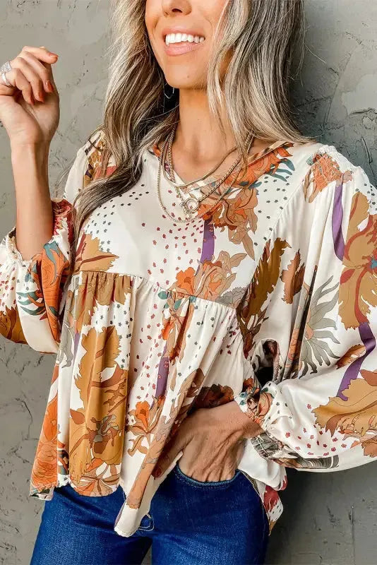 Floral V-Neck Babydoll Blouse - Fashionfitz