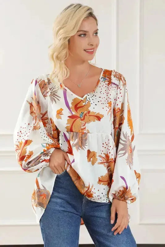Floral V-Neck Babydoll Blouse - Fashionfitz