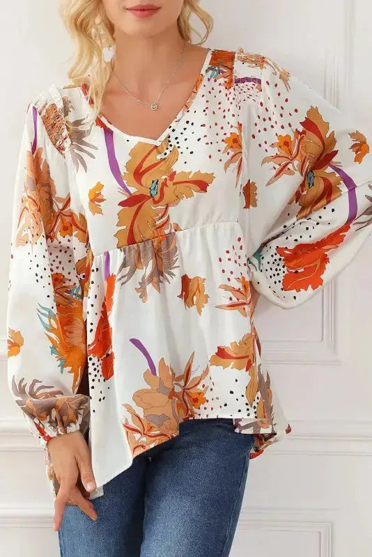 Floral V-Neck Babydoll Blouse - Fashionfitz