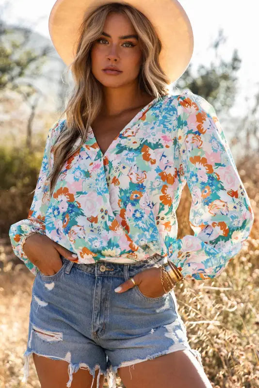 Sky blue floral print wrap long sleeve bodysuit - s / 100% polyester - bodysuits