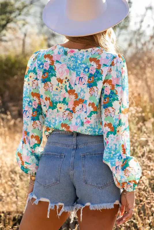 Sky blue floral print wrap long sleeve bodysuit - bodysuits