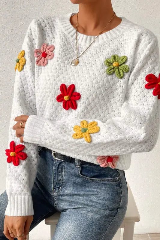 Flower applique white sweater | fashionfitz