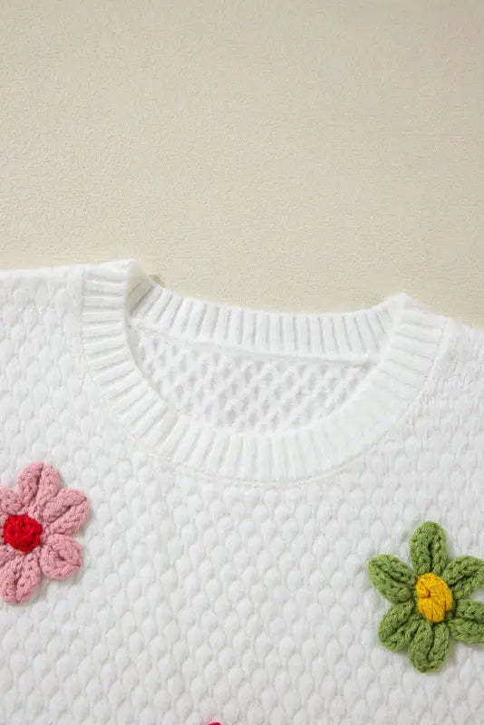 Flower applique white sweater | fashionfitz