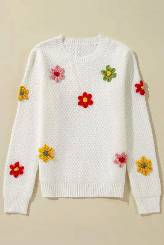 Flower applique white sweater | fashionfitz