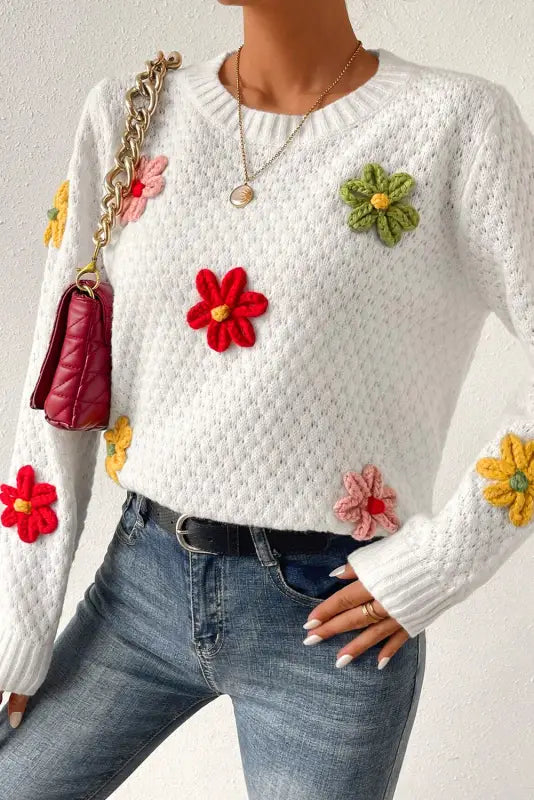 Flower applique white sweater | fashionfitz