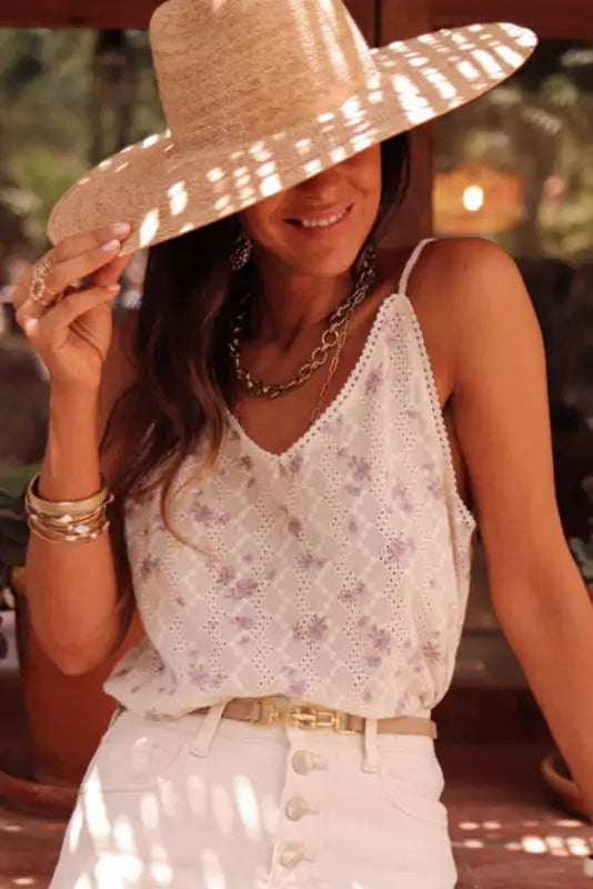 White tank top - flower embroidered lace crochet v neck - tops