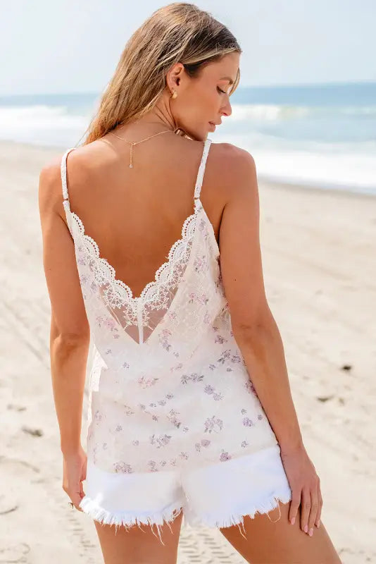 White tank top - flower embroidered lace crochet v neck - tops