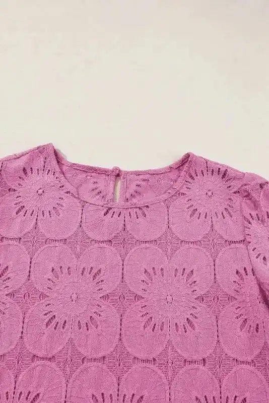 Flower Eyelet Top - Jacquard Keyhole Flounce Sleeve - Fashionfitz